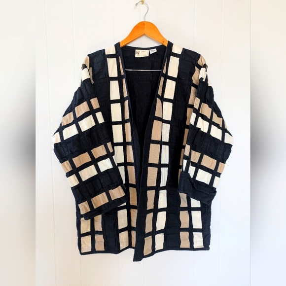 Yak Magik Colorblock Ribbon Weave Open Jacket Black Tan White Large Artsy Unique - Picture 1 of 7